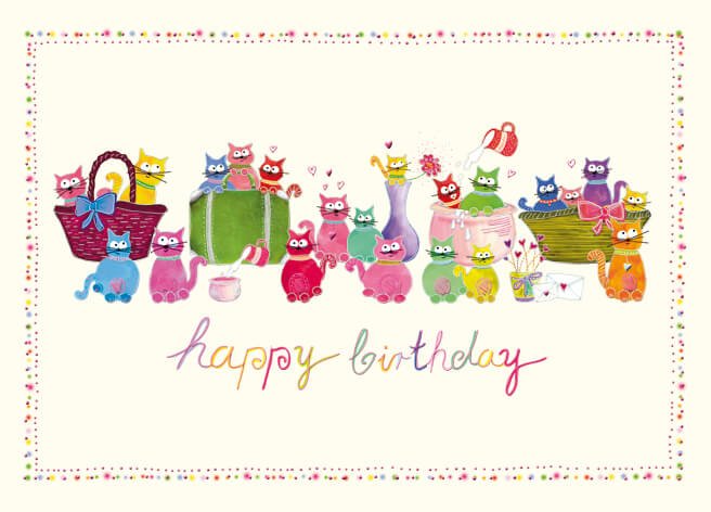 Geburtstagskarte mit Bunten Katzen - Illustrationen – Lustige für Kinder & Erwachsene, Tier - Cartoon Design, Niedliche Kätzchen in Körben, Party Spaß Geschenk