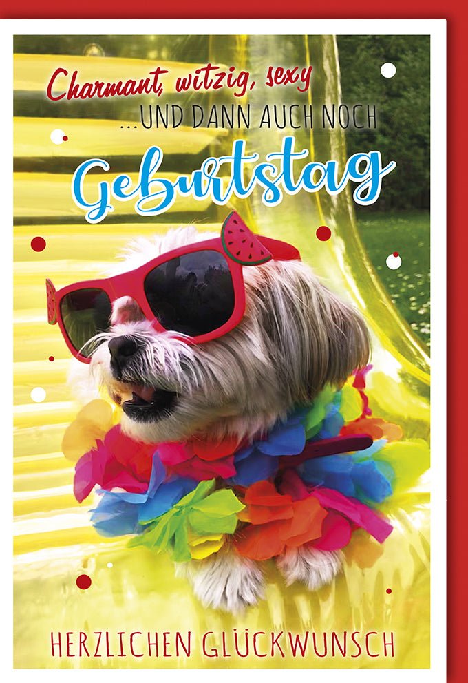 Geburtstagskarte mit Charme: Lustige Doppelkarte mit Hund in Sonnenbrille & Konfetti - Witzige & Sexy Glückwunschkarte für einen Unvergesslichen Geburtstag