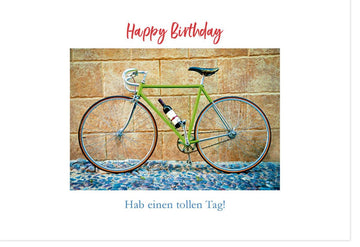Geburtstagskarte mit Fahrrad & Weinflasche Motiv - Vintage Retro Design Doppelkarte für Glückwünsche und Feier, Elegante Gratulationskarte
