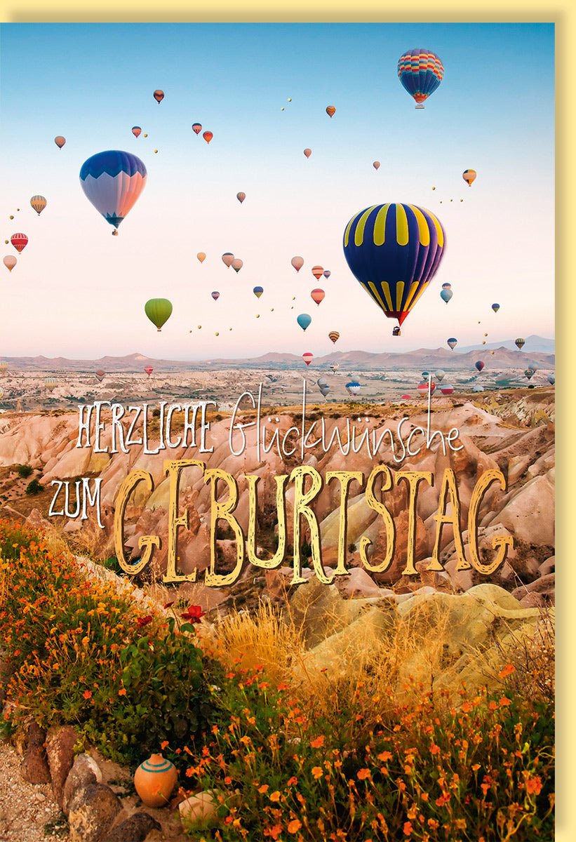 Geburtstagskarte mit Heißluftballons - Bunte Glückwünsche in Goldfolie, Ballonfahrt im Himmel Abenteuer Motiv, Gratulationskarte für Erwachsene und Kinder, Orange Töne - Doppelkarte mit Umschlag
