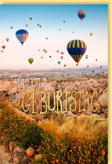 Geburtstagskarte mit Heißluftballons - Bunte Glückwünsche in Goldfolie, Ballonfahrt im Himmel Abenteuer Motiv, Gratulationskarte für Erwachsene und Kinder, Orange Töne - Doppelkarte mit Umschlag