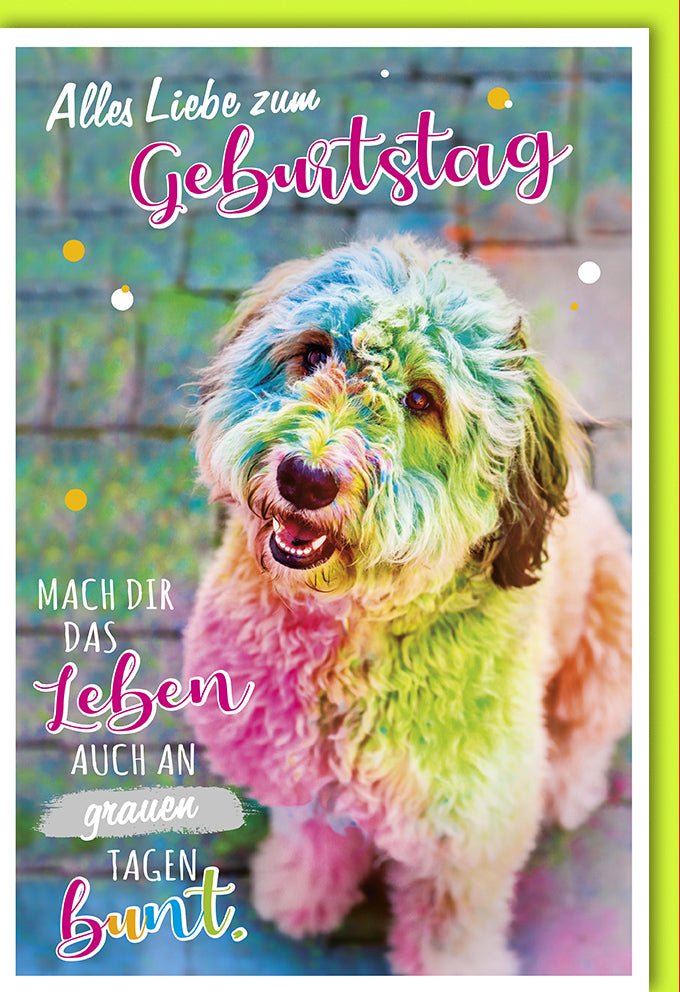 Geburtstagskarte mit Humor - Lustige & Bunte Hunde - Motiv Doppelkarte, Farbenfrohe Glückwünsche, Fröhliche Tier Grußkarte mit Witzigem Geburtstagsspruch, Spaß & Freude für jede Feier Celebration