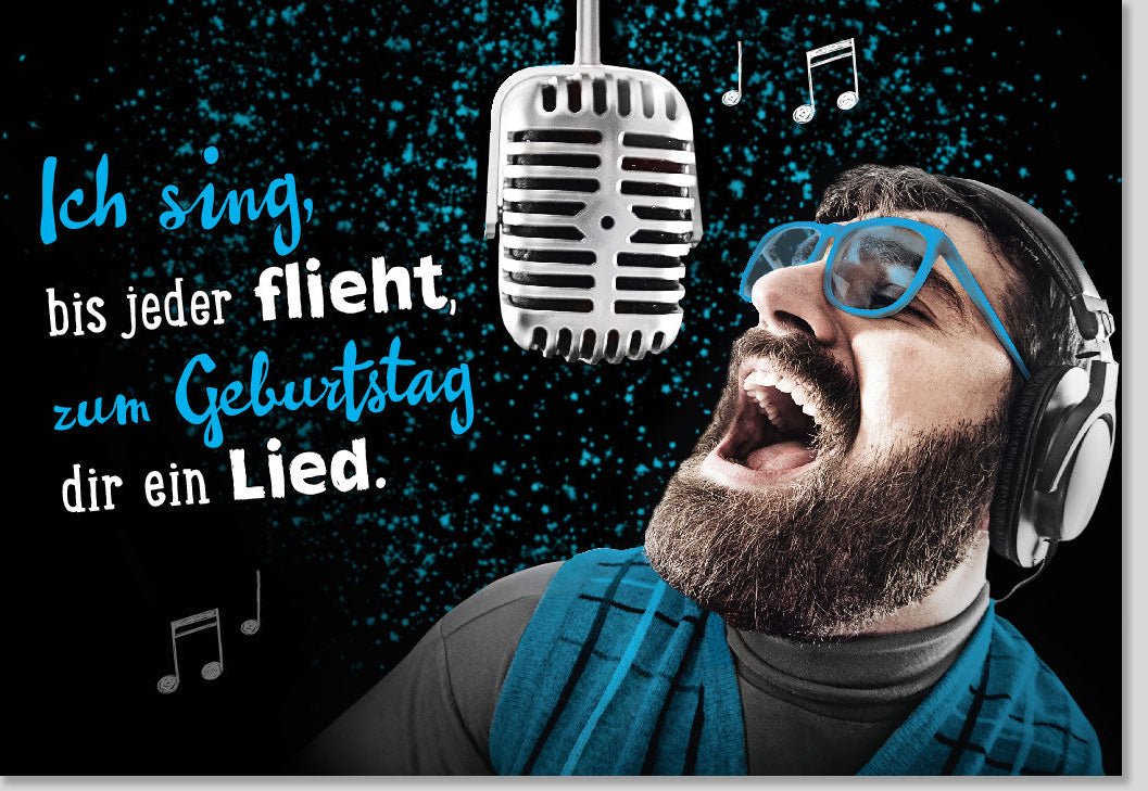 Geburtstagskarte mit Humor: Lustige Doppelkarte mit Kopfhörer & Mikrofon Motiv - Musikalische Überraschung für Erwachsene und Jugendliche, Witzige Party Feierkarte in Blau, Spaß & Freude Garantiert