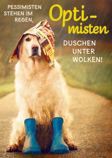 Geburtstagskarte mit Hund & Regenmotiv - 'Optimisten & Pessimisten' Spruch, Motivationspostkarte für Humorvolle, Inspirierende mit Wetterthema