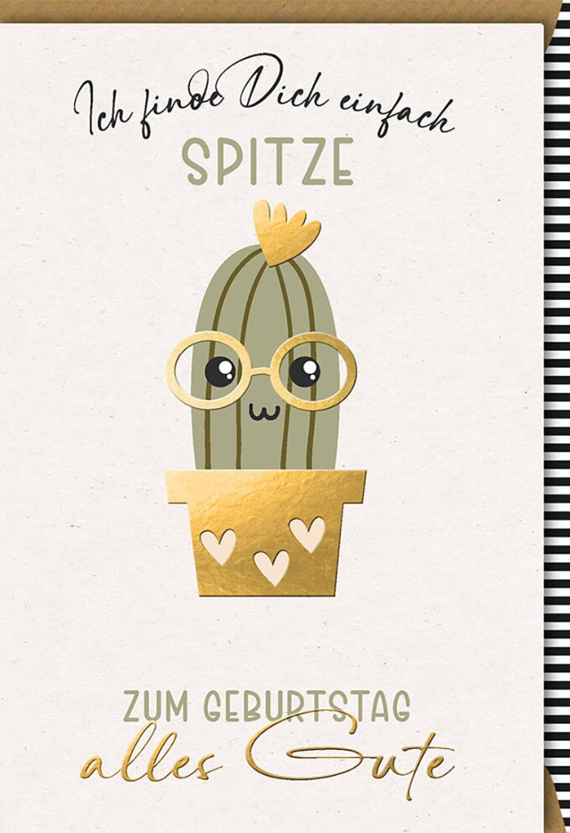 Geburtstagskarte mit Kaktus - Motiv - Niedliche Glückwunschkarte, Pflanzen Illustration, Humorvolle Topfpflanze mit Herzchen & Brille, Goldene Akzente, Verlag Galerie Dominique - Doppelkarte für Geburtstage