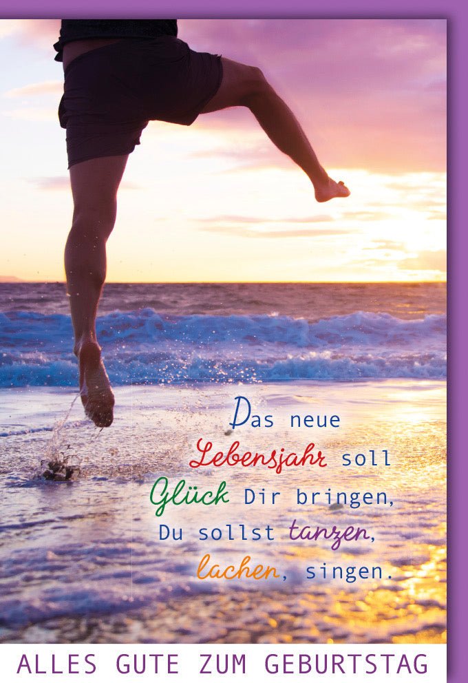 Geburtstagskarte mit Meer & Sonnenuntergang – Doppelkarte für Geburtstagsgruß, Festliche Glückwunschkarte mit Spruch, Freude, Tanz & Lachen Motiv, Ideal als Geschenk & Feier Erinnerung, Strand Celebration Gruß