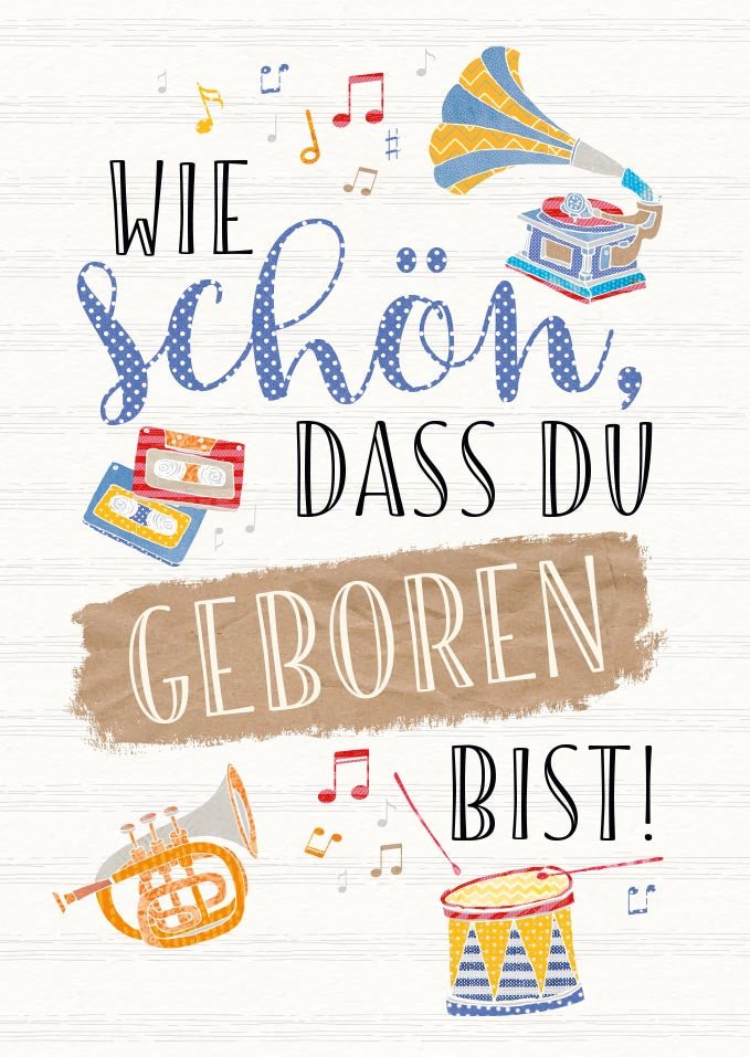 Geburtstagskarte mit Musikinstrumenten - Glückwunsch Postkarte, Feier Motiv Trompete, Schlagzeug, Grammophon & Noten, Folienprägung Design
