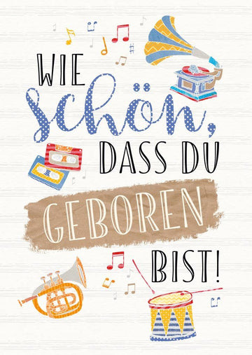 Geburtstagskarte mit Musikinstrumenten - Glückwunsch Postkarte, Feier Motiv Trompete, Schlagzeug, Grammophon & Noten, Folienprägung Design