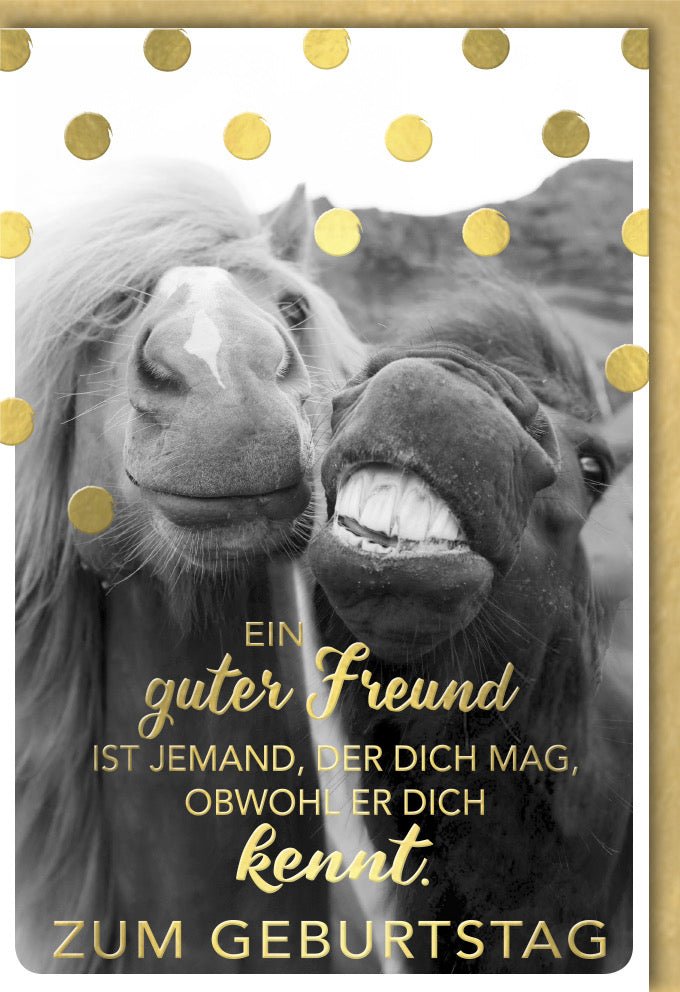 Geburtstagskarte mit Pferdemotiv – Lustige Doppelkarte für Freunde, Gold Konfetti Design, Humorvolle Glückwünsche