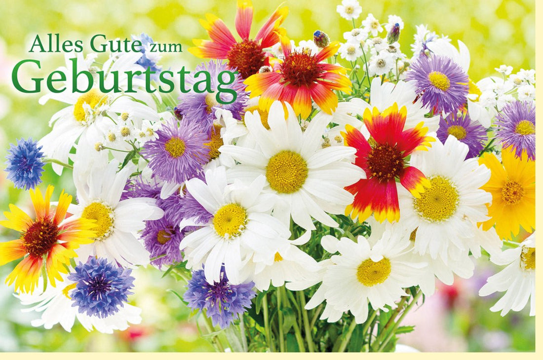 Geburtstagskarte mit Sommerblumen - Motiv - Bunter Blumenstrauß aus Margeriten, Kornblumen & Gänseblümchen - Liebevolle Grußkarte für Frauen, Naturdesign in Gelb, Weiß & Lila, Glückwunsch & Freundschaft