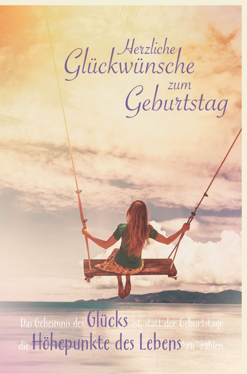 Geburtstagskarte mit Sonnenuntergang - Motiv: Doppelkarte für Entspannung und Ruhe, Schaukel am Meer Design, Glückwünsche voller Gelassenheit und Freude, Besinnlicher Geburtstagsspruch, Feierliche Geburtstagsgrüße für Wohlbefinden und Festlichkeit