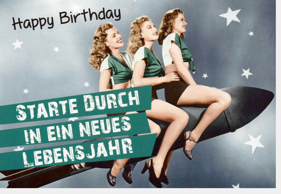 Geburtstagskarte mit Witz: Lustige Doppelkarte im Retro - Design, Vintage Weltraum - Rakete, Humorvolle Sprüche, Sterne & Party - Motiv, Originelle Glückwünsche für Spaß & Freude, Einzigartige Überraschungskarte