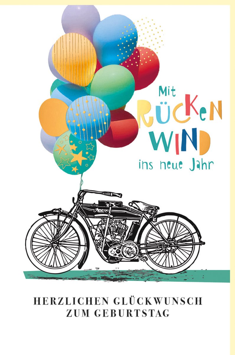 Geburtstagskarte Motorrad - Thema mit Goldfolie & Luftballons - Retro Vintage Design auf Naturkarton für farbenfrohe Glückwünsche