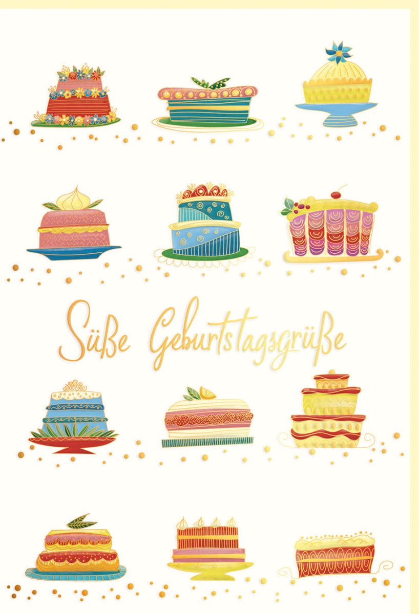 Geburtstagskarte Premium Doppelkarte - Elegante Glückwunsch - Karte mit Torten - Design, Naturkarton & Goldfolie, Festliche Blindprägung, Handgemachte Süße Grüße für Geburtstagsfeier, Unique & Dekorativ