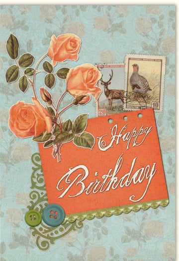 Geburtstagskarte Retro - Stil: Handgefertigte Vintage Blumen Grußkarte, Nostalgische Happy Birthday Postkarte mit Dekorativen Briefmarken und Knöpfen, Altmodisches Papierdesign, Ideales Geschenk für Feier und Festlichkeit