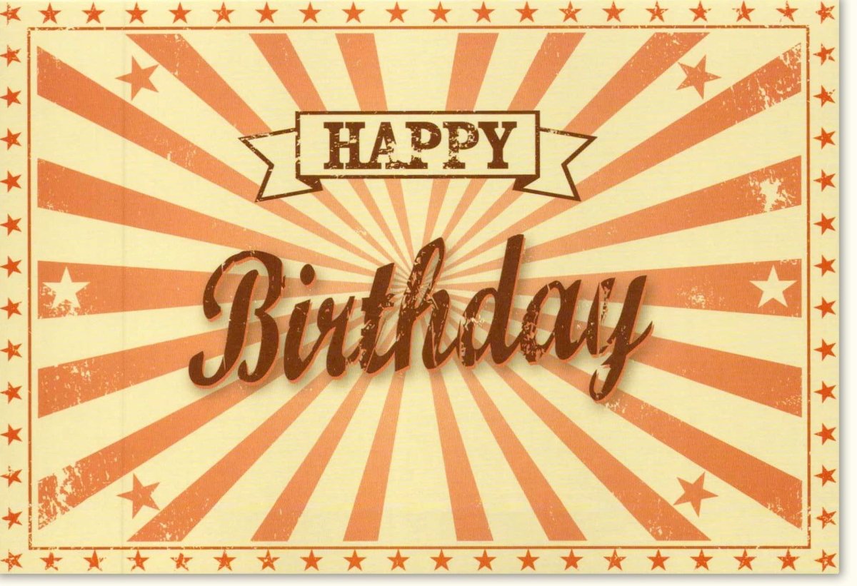 Geburtstagskarte Retro - Stil mit Sternen – Rote Vintage Happy Birthday Grußkarte – Nostalgische Glückwunschkarte für Feier und Festlichkeiten – Altmodisches Kartendesign für Geburtstagsglückwünsche, Papeterie & Celebration