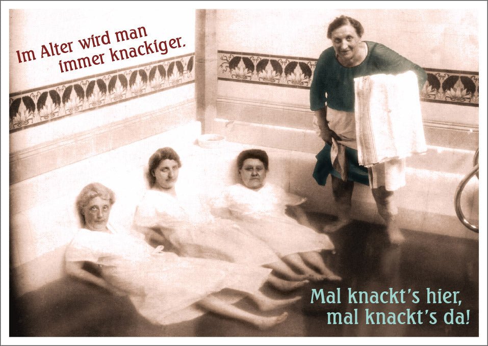 Geburtstagskarte Senioren: Lustige Vintage Postkarte mit Witzigem Spruch - Alter Humor & Ironie im Retro Badewannen - Design - Spaßiges Geschenk