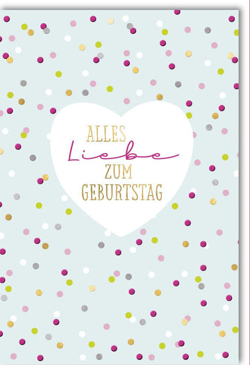 Geburtstagskarte - Türkis Herz & Konfetti Design, Liebevoller Geburtstagsgruß, Glückwunsch & Gratulations Doppelkarte