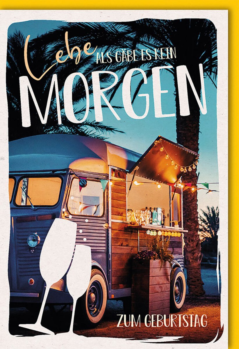 Geburtstagskarte Vintage Bus mit Lichterkette - Glückwunschkarte für Outdoor Party & Sommerabend, Retro Sektgläser Design, Cheers Toast Motiv, Ideal für Geburtstagsfeier & Campingbus Liebhaber