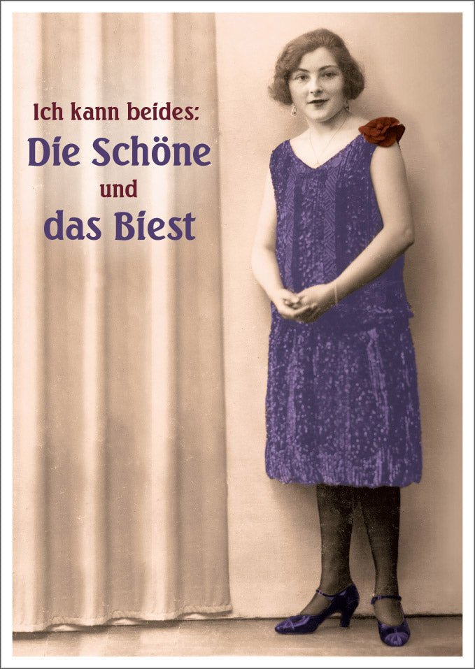 Geburtstagskarte - Witzige Vintage Postkarte mit Spruch "Von Schönheit & Biest", Retro Charme, Lustige Satire Karte für Frauen, Humorvolles Geschenk