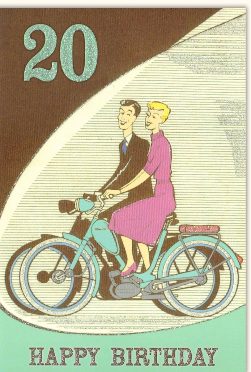Geburtstagskarte zum 20. Jubiläum - Vintage Fahrrad Design Happy Birthday Karte für Mann & Frau, Retro Stil Glückwünsche, Feier des Zwanzigsten, Liebevolle Paar Gemeinsame Fahrt Festlichkeit Celebration