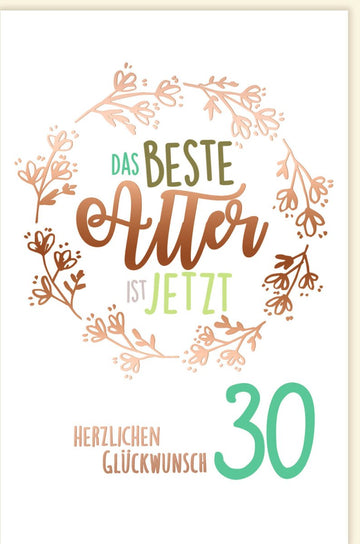 Geburtstagskarte zum 30. Jubiläum - Elegante Glückwunschkarte mit Blumen - Dekor, Modernes Design, Schriftzug für Dreißigsten