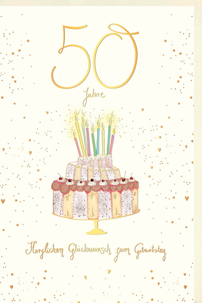 Geburtstagskarte zum 50. Jubiläum - Elegante Glückwunschkarte mit Torte, Kerzen, Gold & Konfetti für Festliche Jubiläumsfeier