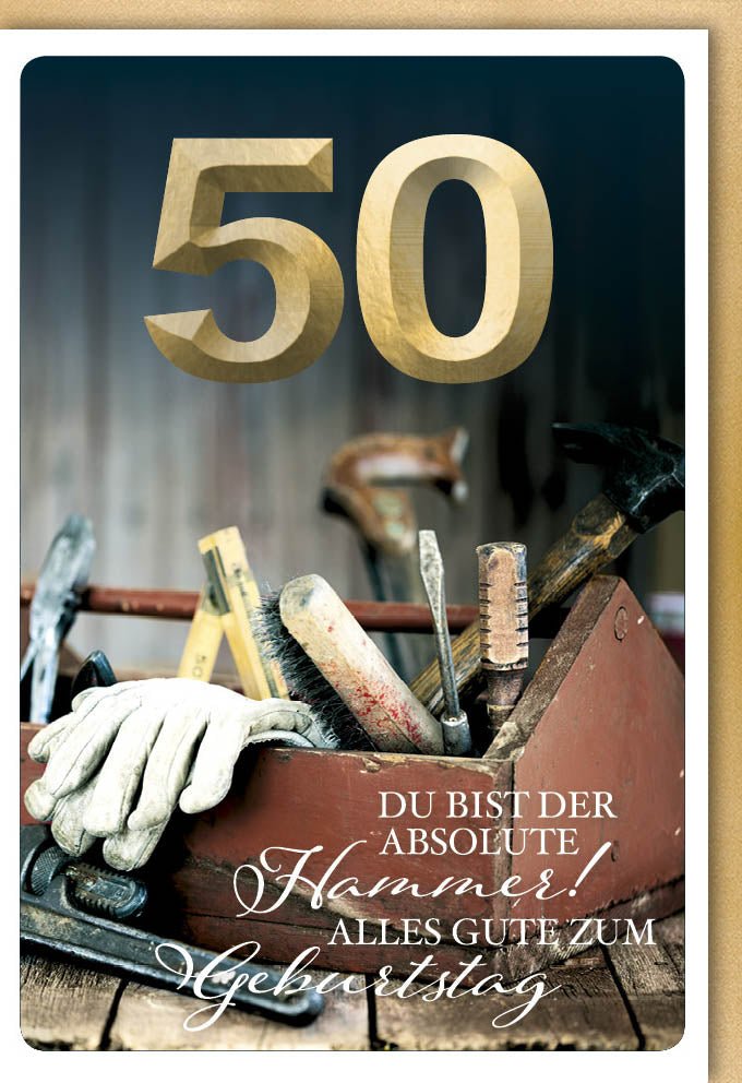 Geburtstagskarte zum 50. Jubiläum - Hammer Werkzeug Motiv, Glückwünsche & Feier, Goldene Zahl Dekoration, Originelle Grußkarte für Festlichkeiten, Kreatives Handwerkertools Design