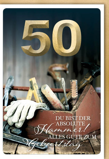 Geburtstagskarte zum 50. Jubiläum - Hammer Werkzeug Motiv, Glückwünsche & Feier, Goldene Zahl Dekoration, Originelle Grußkarte für Festlichkeiten, Kreatives Handwerkertools Design