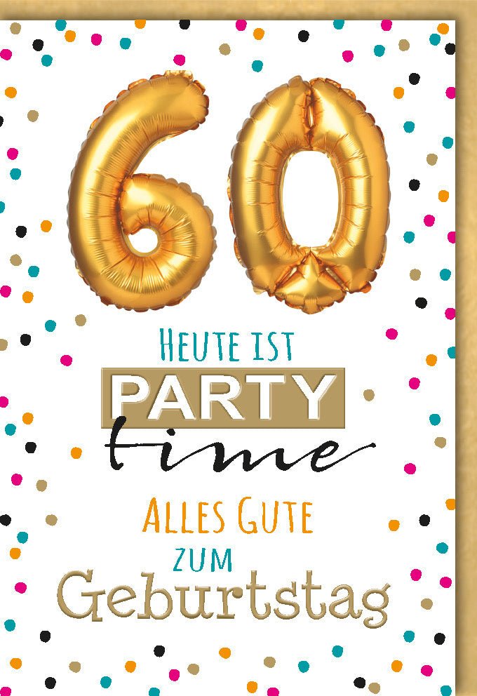 Geburtstagskarte zum 60. Jubiläum - Festliche Glückwunschkarte mit Goldenen Ballons und Konfetti, Elegante Gratulationskarte für den Sechzigsten, Party - Feier Motiv, Runder Geburtstag Grußkarte