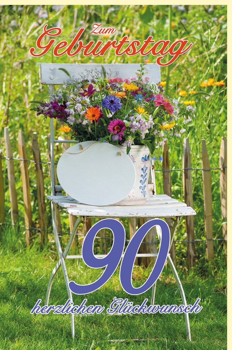Geburtstagskarte zum 90. Zahlengeburtstag - Sommerlicher Gartenstuhl & Blumenstrauß Motiv, Glückwunschkarte Doppelkarte