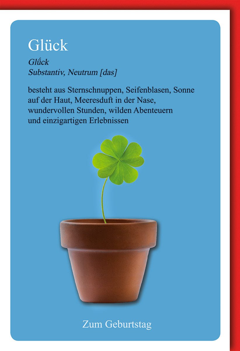 Geburtstagskarten Glückwunschkarten Geburtstag Doppelkarte Glück Definition Topf mit Kleeblatt Seifenblasen Sonne Meeresduft Abenteuer einzigartige Erlebnisse mit Umschlag