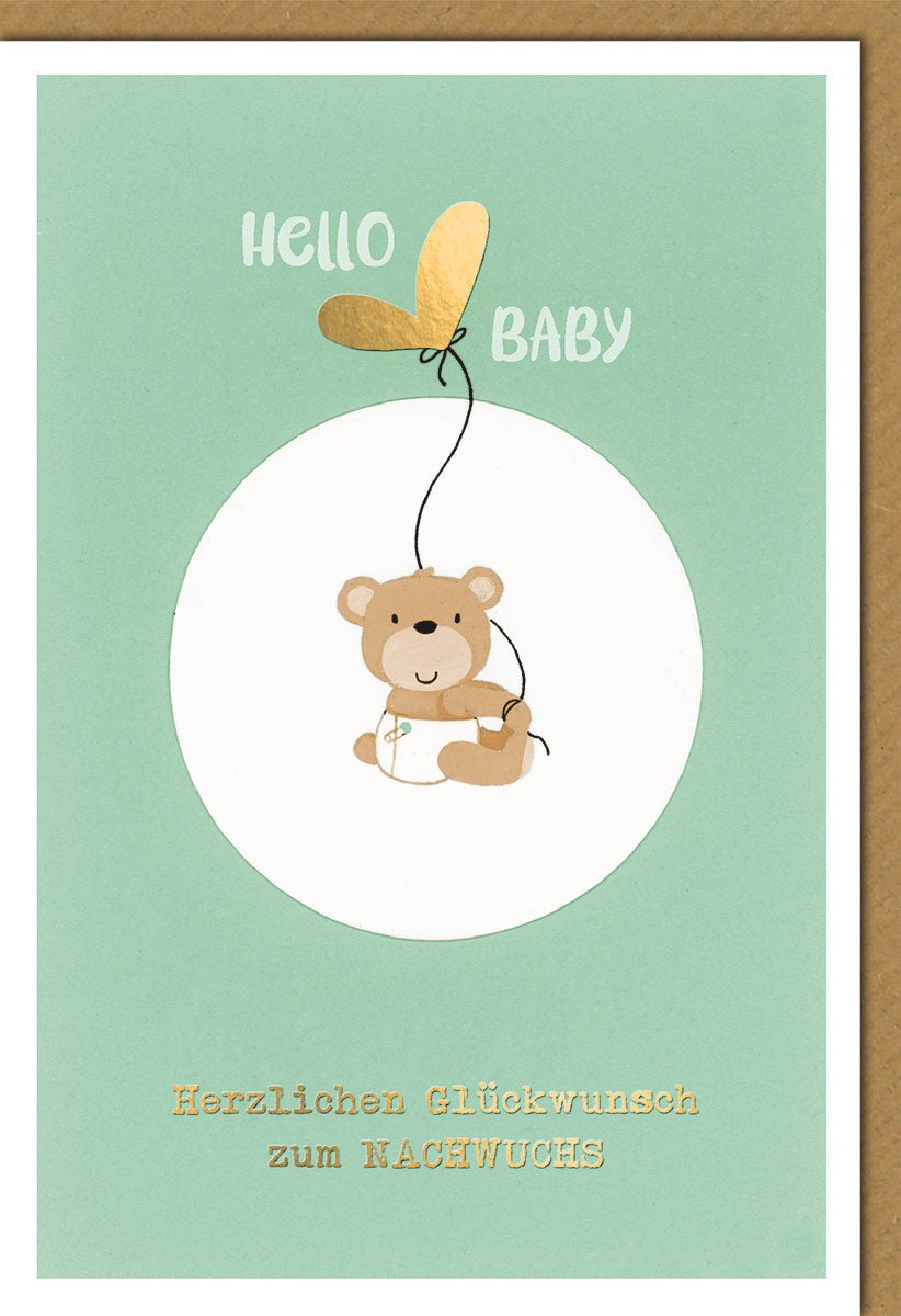 Geburtstagskarten Glückwunschkarten Geburtstag Doppelkarte mit Bär Ballon und Schriftzug Hello Baby Herzlichen Glückwunsch zum Nachwuchs auf grünem Hintergrund mit Umschlag