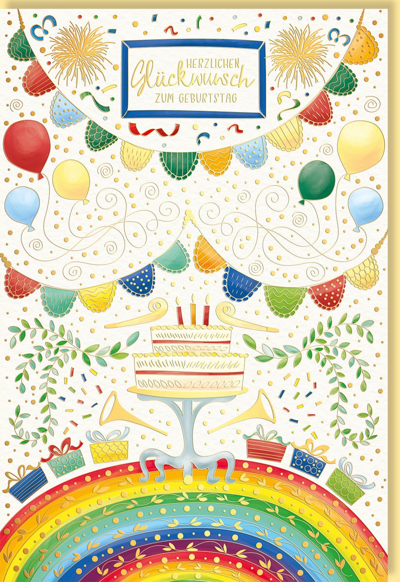 Geburtstagskarten Glückwunschkarten Geburtstag Doppelkarte mit bunten Luftballons Feuerwerk Regenbogen Geschenke und Torte mit Kerzen aufwendig gestaltet mit Umschlag