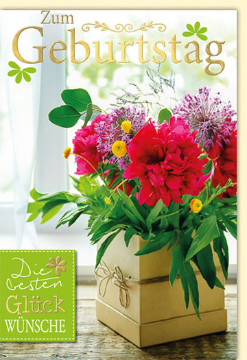 Geburtstagskarten Glückwunschkarten Geburtstag mit Blumenstrauß in Vase und Schriftzug Zum Geburtstag Die besten Glückwünsche farbenfrohe Blüten und grüne Blätter mit Umschlag