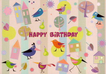 Geburtstagspostkarte Vögel und Häuser bunt gezeichnet: Happy Birthday