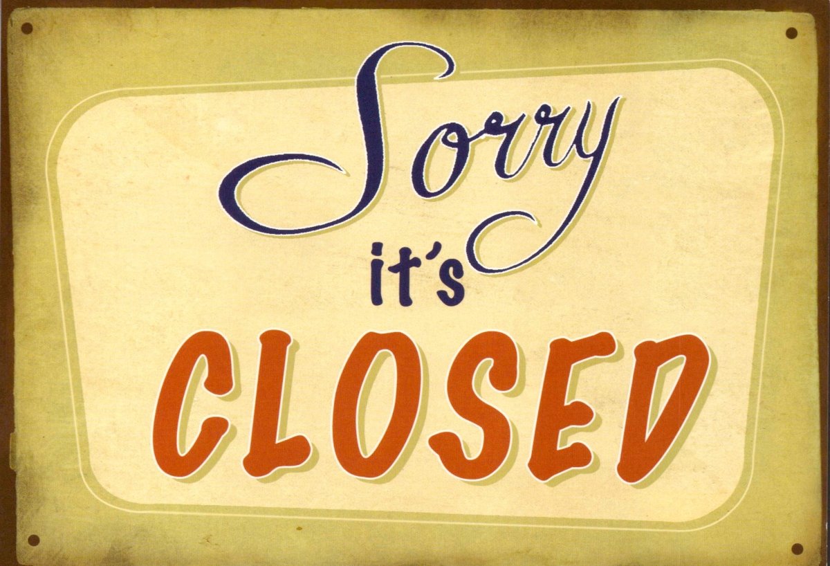 Geschäft Geschlossen Humor Postkarte - Vintage Retro Design mit Englisch Spruch 'Sorry It's Closed' Schriftzug, Dekorative Sammelobjekt Grußkarte für Geschäftsankündigungen und Scherze