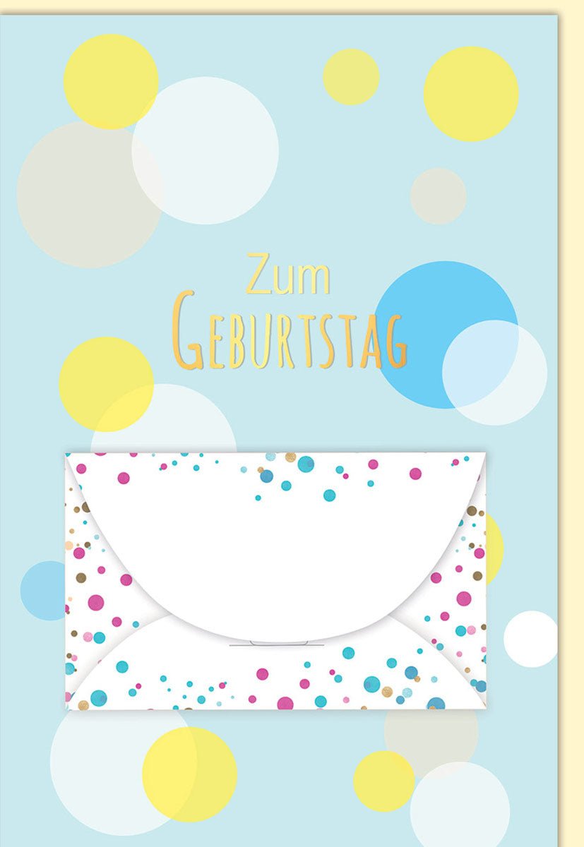Glückwunsch Geburtstagskarte Geburtstag mit bunten Kreisen und Schriftzug Zum Geburtstag auf hellblauem Hintergrund mit passendem Umschlag