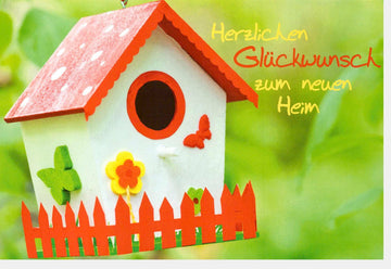 Glückwunsch zum Umzug - Handgemachte Doppelkarte für Neue Wohnung, Einzug ins Neues Heim - Umzugskarte mit Vogelhaus, Gartenzaun & Zimmerpflanze Motiven - Originelle Grußkarte zur Papeterie