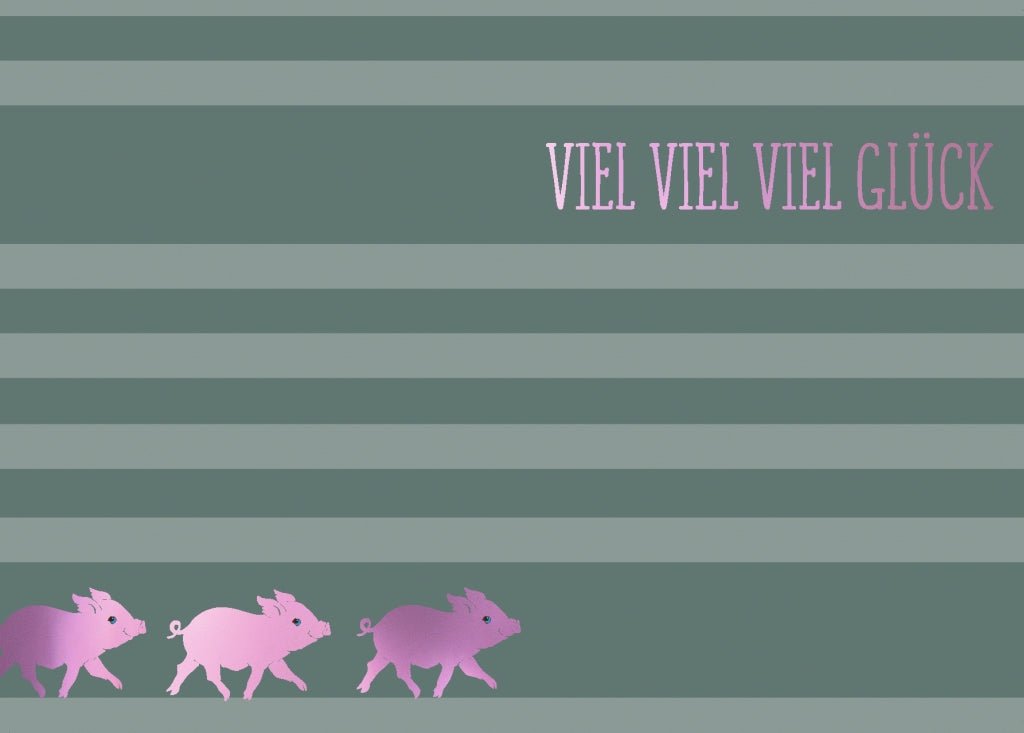 Glückwunschkarte "Viel Erfolg" - Glücksbringer Schweinchen, Streifenmuster in Grün & Rosa, Schriftzug & Illustration