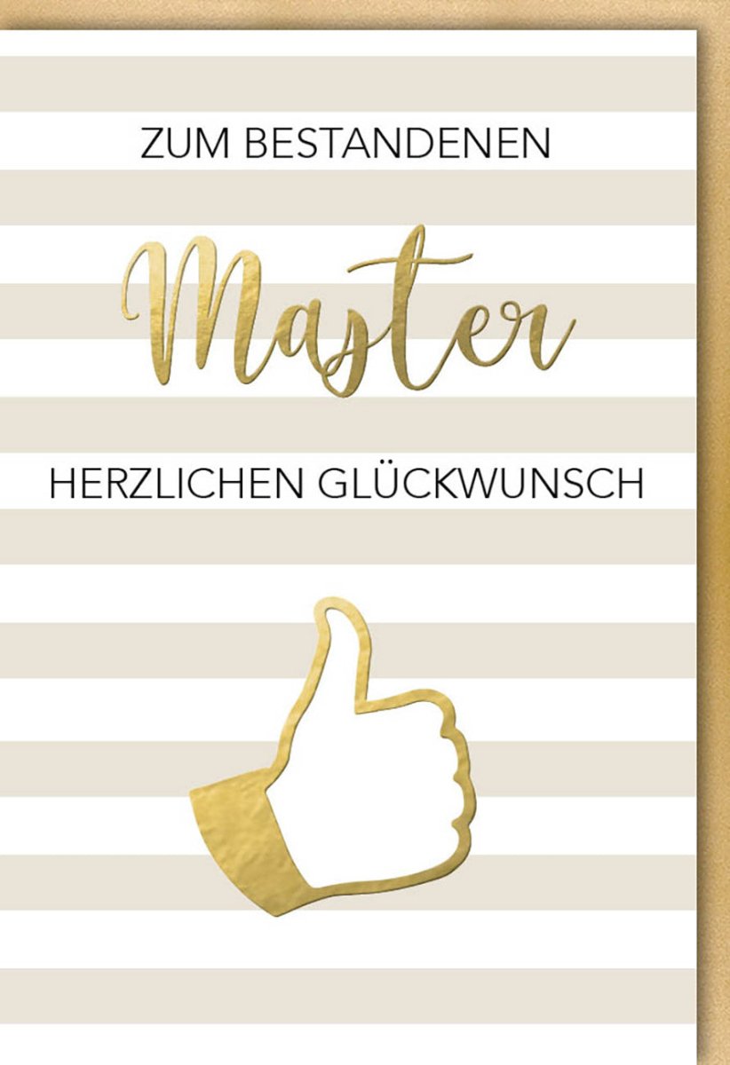 Glückwunschkarte zur Masterprüfung - Elegante Akademische Abschlusskarte in Gold & Weiß, Schlichtes Design mit Daumen Hoch Symbol, Perfekt für Universitäts - & Hochschulabsolventen, Feier des Erfolgs