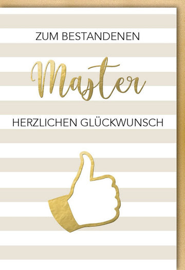 Glückwunschkarte zur Masterprüfung - Elegante Akademische Abschlusskarte in Gold & Weiß, Schlichtes Design mit Daumen Hoch Symbol, Perfekt für Universitäts - & Hochschulabsolventen, Feier des Erfolgs