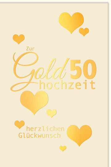 Goldene Hochzeit Doppelkarte - 50 Jahre Liebe Jubiläumskarte mit Eleganz, Herzlichen Glückwunsch, Gold Herzen Design für Festlichkeit