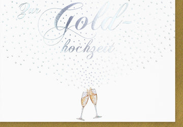 Goldene Hochzeit Glückwunschkarte - Jubiläum 50 Jahre Ehe, Sektgläser Design, Elegante Prägung mit Glitzer, Festliche Feier