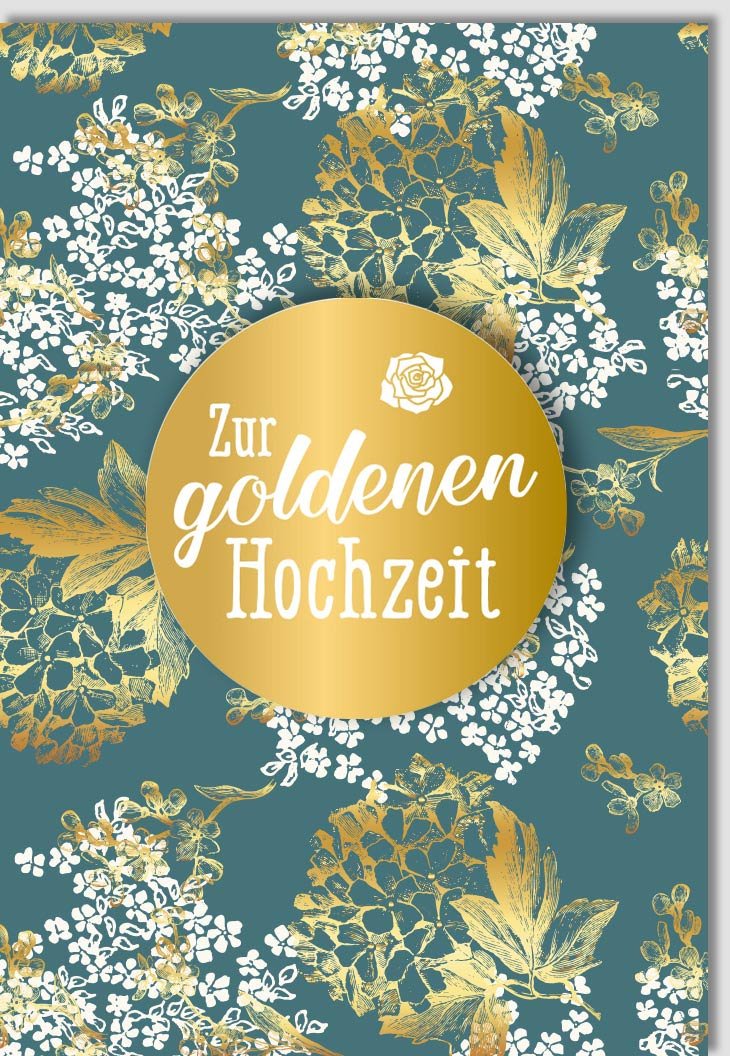 Goldene Hochzeit Glückwunschkarte mit Eleganten Blättern und Gold Applikation - Luxuriöse Jubiläumsfeier Grußkarte für Paare, Liebe & Festlichkeit - Anniversary Celebration Elegant Luxury Card