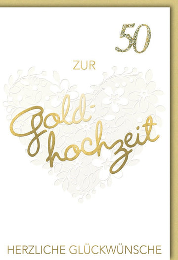 Goldhochzeit Glückwunschkarte - Elegante Doppelkarte zum 50. Ehejubiläum mit Herz & Liebe Motiv, Anniversary Feier