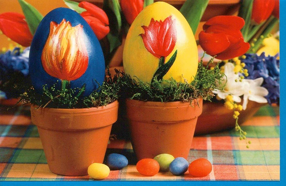 Grußkarte Ostern Eier blau und gelb