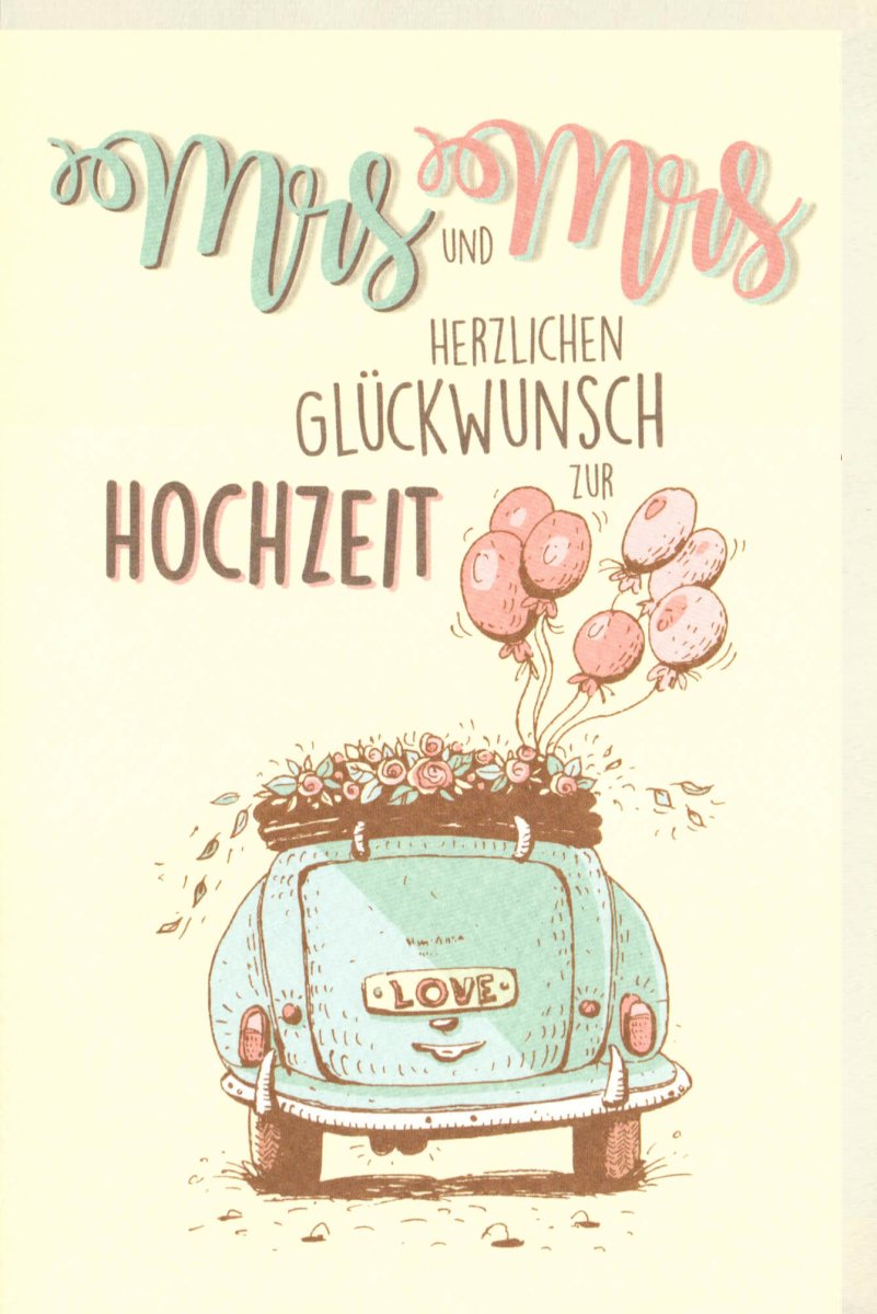 Hochzeit Doppelkarte für Homoehe - Glückwunsch Mrs & Mrs, Liebe mit Luftballons & Vintage Auto Motiv