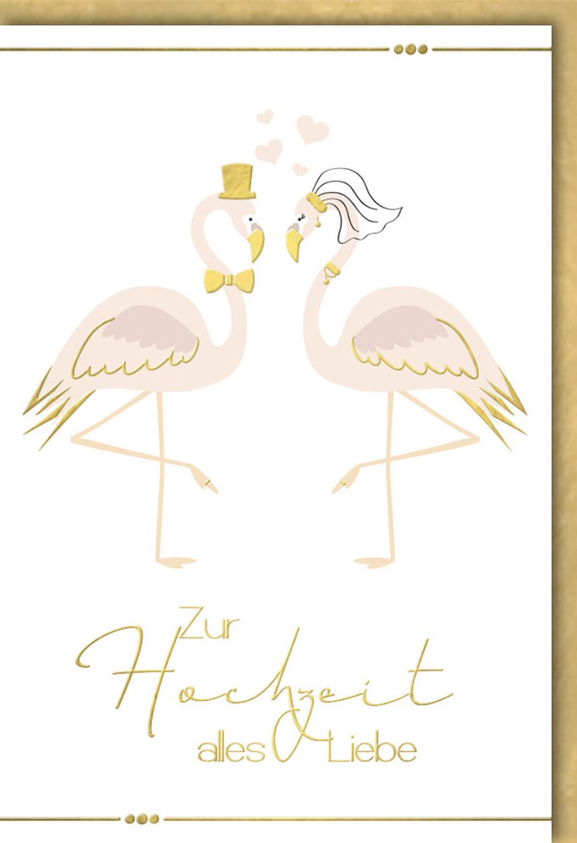 Hochzeits - Doppelkarte "Flamingo Liebe": Elegante Glückwunschkarte mit Goldveredelung, Romantische Herzen & Brautpaar - Design