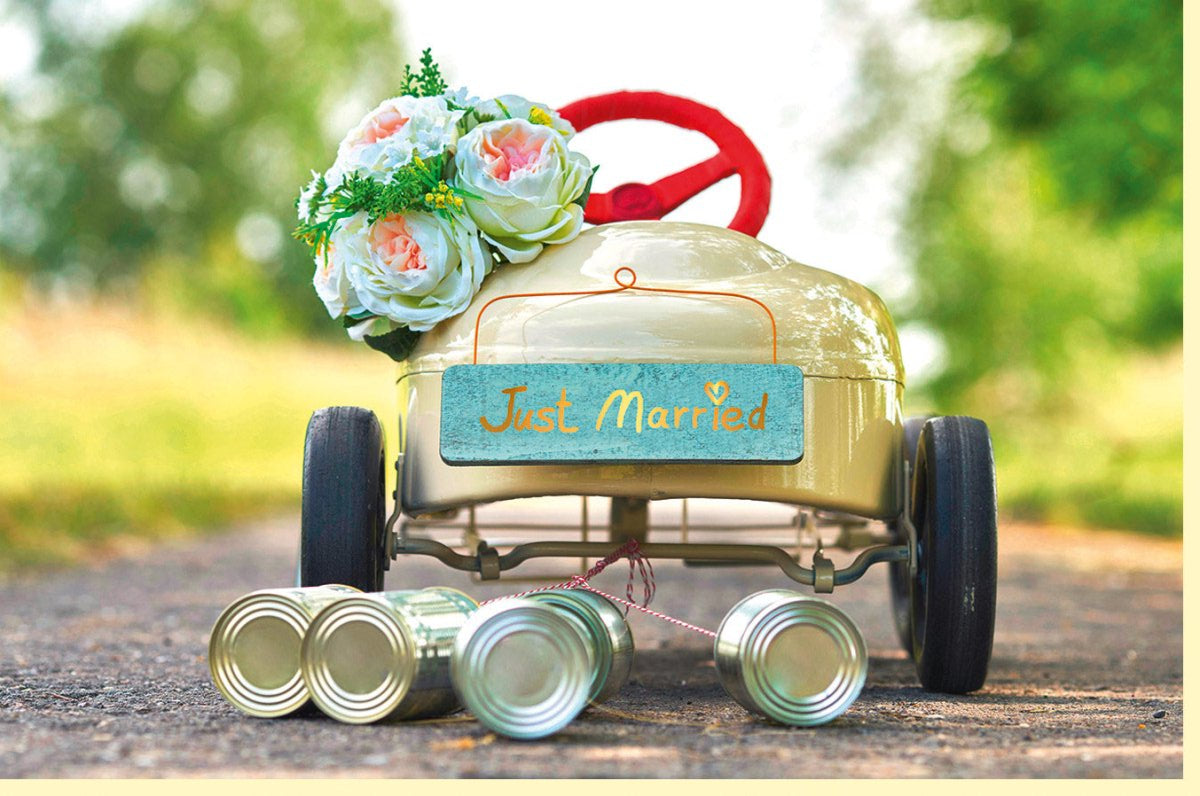 Hochzeits - Doppelkarte "Just Married" - Vintage Auto mit Dosen & Blumen, Retro Glückwunschkarte zur Ehe, Liebe & Feier